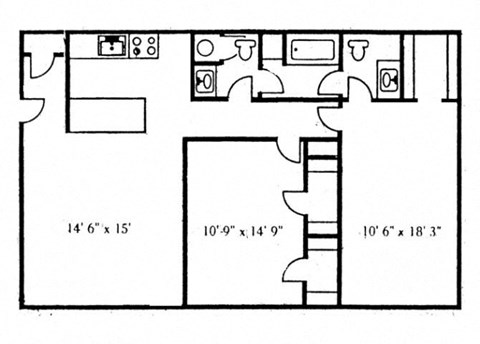 Floor plan for 2 beds, 1.5 baths, 1020 sqft