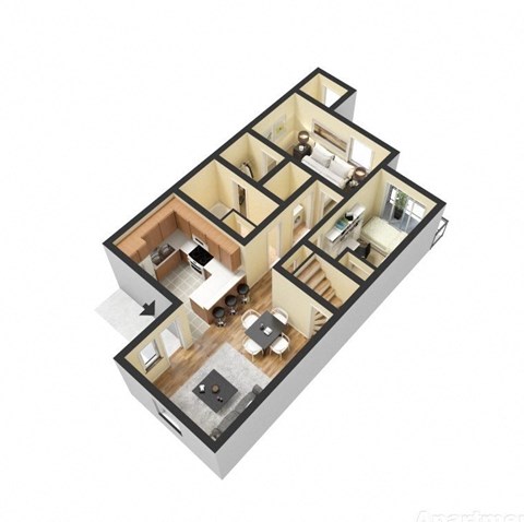 Floor plan for 2 beds, 1 bath, 916 sqft