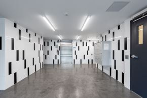 Vancouver apartment for rent - A long hallway with black and white walls and doors.