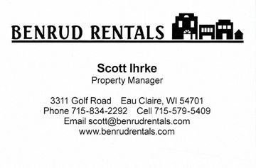 Eau Claire apartment for rent - A business card for Benrud Rentals with contact information for Scott Irke, the Property Manager.