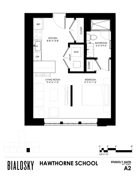 Floor plan for studio, 1 bath, 614 sqft
