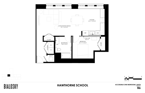 Floor plan for 1 bed, 1 bath, 775 sqft