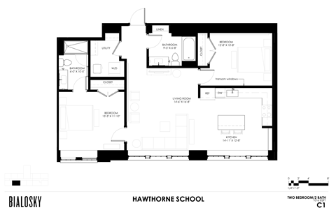 Floor plan for 2 beds, 2 baths, 1016 sqft