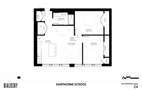 Floor plan for 2 beds, 1 bath, 1246 sqft