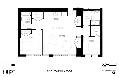 Floor plan for 2 beds, 2.3 baths, 1147 sqft