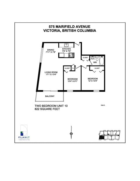 Floor plan for 2 beds, 1 bath, 822 sqft