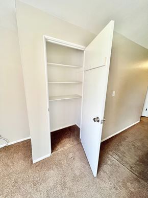 Lakewood apartment for rent - A white closet with a door open and shelves inside.