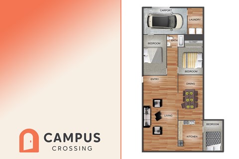 Floor plan for 3 beds, 2 baths, 1200 sqft