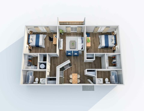 Floor plan for 2 beds, 2 baths, 975 sqft