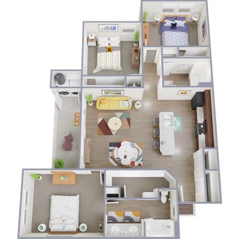 Floor plan for 3 beds, 2 baths, 1262 sqft