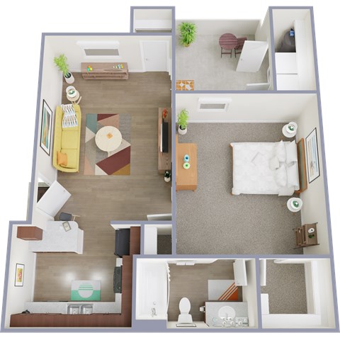 Floor plan for 1 bed, 1 bath, 629 sqft
