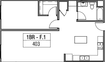 Floor plan for 1 bed, 1 bath, 986 sqft