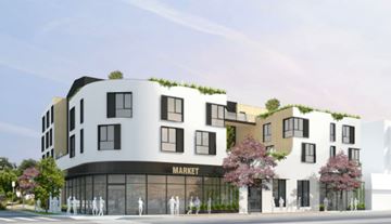 Toluca Lake apartment for rent - A modern building with a green roof and a storefront on the ground floor.