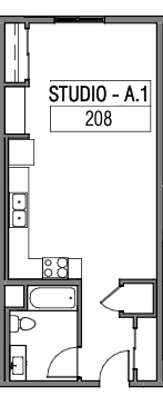Floor plan for studio, 1 bath, 608 sqft