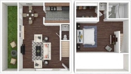 Floor plan for 1 bed, 1.5 baths, 796 sqft