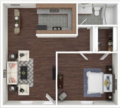 Floor plan for 1 bed, 1 bath, 697 sqft