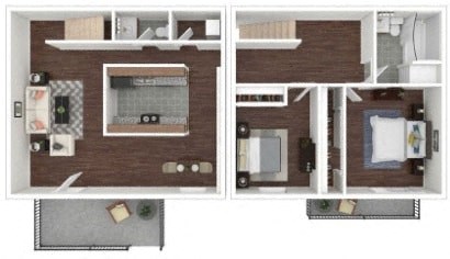 Floor plan for 2 beds, 1.5 baths, 1217 sqft