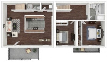 Floor plan for 2 beds, 1.5 baths, 1217 sqft