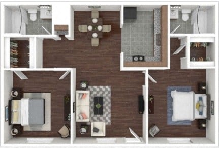 Floor plan for 2 beds, 2 baths, 888 sqft