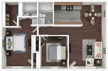 Floor plan for 2 beds, 2 baths, 888 sqft