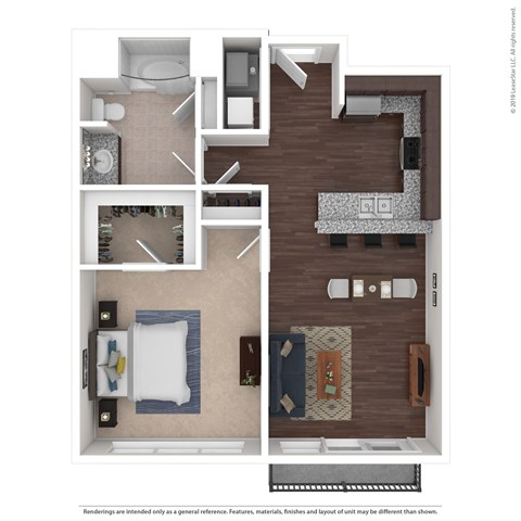 Floor plan for 1 bed, 1 bath, 725 sqft