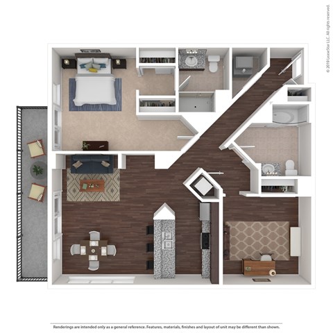 Floor plan for 1 bed, 2 baths, 1213 sqft