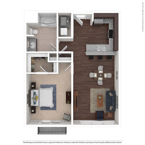 Floor plan for 1 bed, 1 bath, 752 sqft