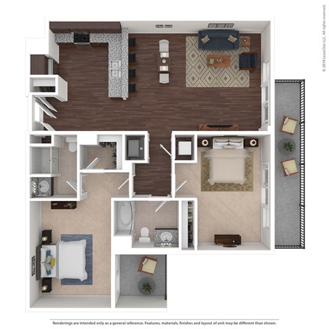 Floor plan for 2 beds, 2 baths, 1287 sqft