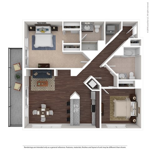 Floor plan for 2 beds, 2 baths, 1213 sqft