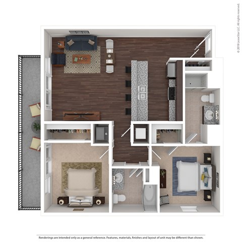 Floor plan for 2 beds, 2 baths, 1068 sqft