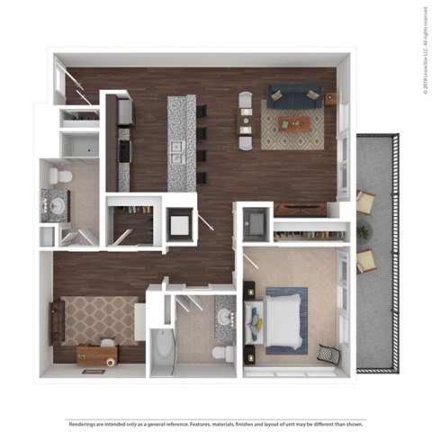 Floor plan for 1 bed, 2 baths, 1068 sqft