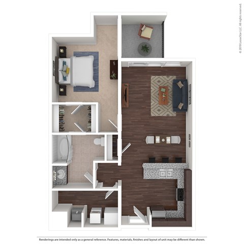 Floor plan for 1 bed, 1 bath, 878 sqft
