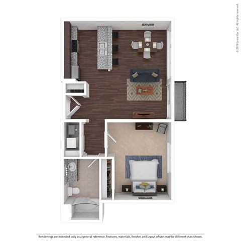 Floor plan for 1 bed, 1 bath, 749 sqft