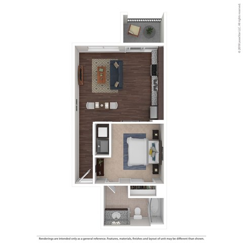 Floor plan for studio, 1 bath, 590 sqft
