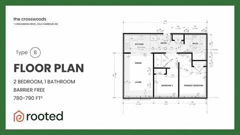 Floor plan for 2 beds, 1 bath, 792 sqft