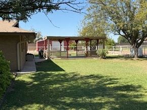 Chandler house for rent - A backyard with a red building and a tree.