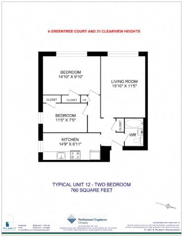 Floor plan for 2 beds, 1 bath, 760 sqft