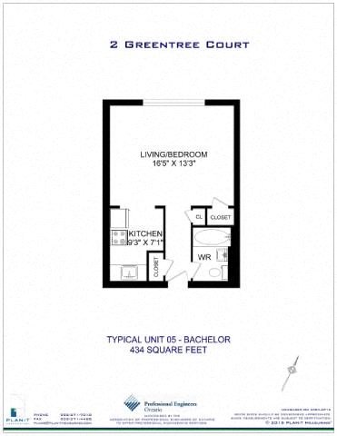 Floor plan for studio, 1 bath, 443 sqft