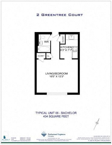 Floor plan for 1 bed, 1 bath, 689 sqft