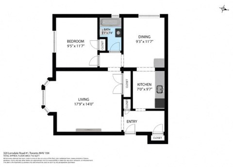 Floor plan for 1 bed, 1 bath, 718 sqft