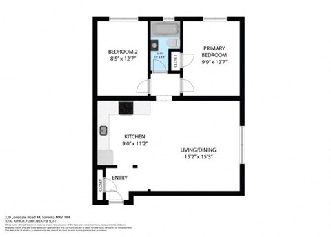 Floor plan for 2 beds, 1 bath, 716 sqft