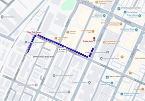 Dallas apartment for rent - A map with a blue dotted line and purple dots along it.