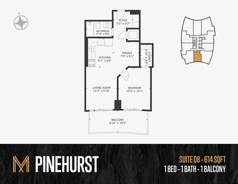 Floor plan for 1 bed, 1 bath, 800 sqft