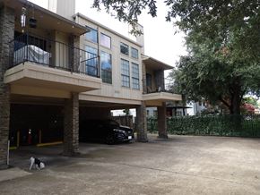 Dallas apartment for rent - A dog is standing in front of a building with a car parked in the garage.