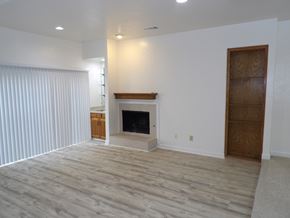 Dallas apartment for rent - A living room with a fireplace and a wooden door.