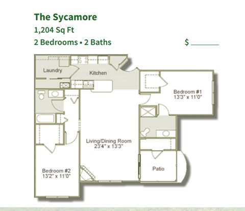 Floor plan for 2 beds, 2 baths, 1204 sqft