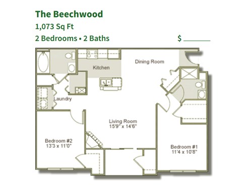 Floor plan for 2 beds, 2 baths, 1073 sqft