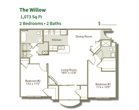 Floor plan for 2 beds, 2 baths, 1073 sqft