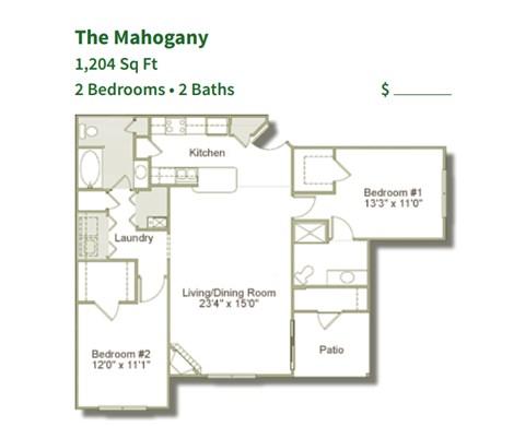 Floor plan for 2 beds, 2 baths, 1204 sqft