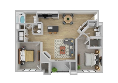 Floor plan for 2 beds, 2 baths, 1073 sqft